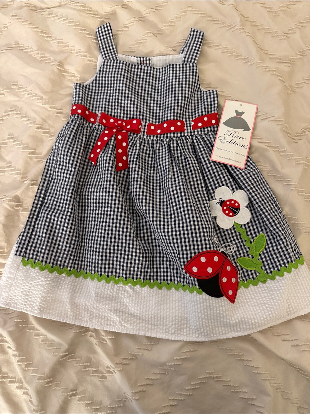 Rare Editions Navy Gingham Dress with Red Polka Dot Trim